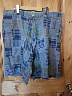 Berle Patchwork Plaid Cotton Shorts in Blue, Green & Tan